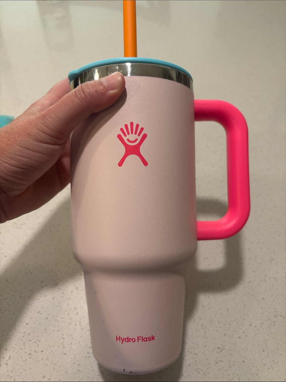 Hydro Flask Light Pink Tumbler with Hot Pink Handle and Orange Straw